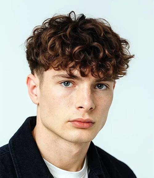 Thick curly fringe with a taper fade is a trendy, sophisticated cut that maximizes natural curls