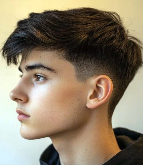 Cool hair brushed forward and swept with a low taper fade offers a versatile and attractive style