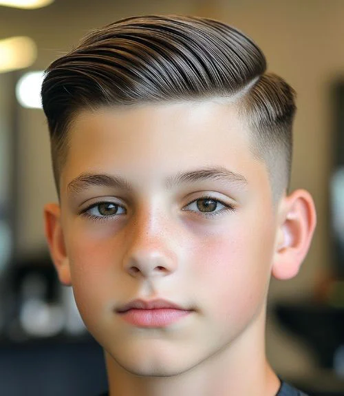 A hard part comb over with a taper fade features timeless appeal