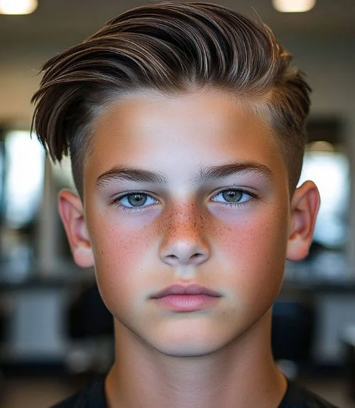 A long side-swept style with tapered sides combines gravity-defying volume