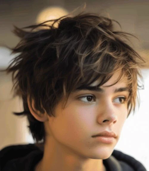 Short, shaggy layers combine contemporary soft spikes with an emo aura