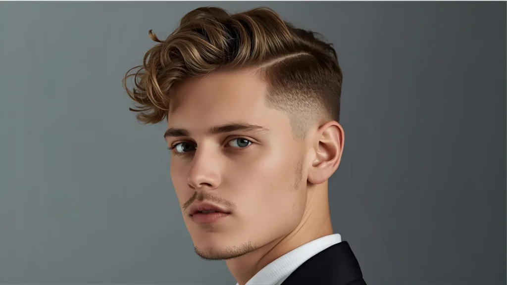 Front view of low taper fade with curly top hairstyles and high volume