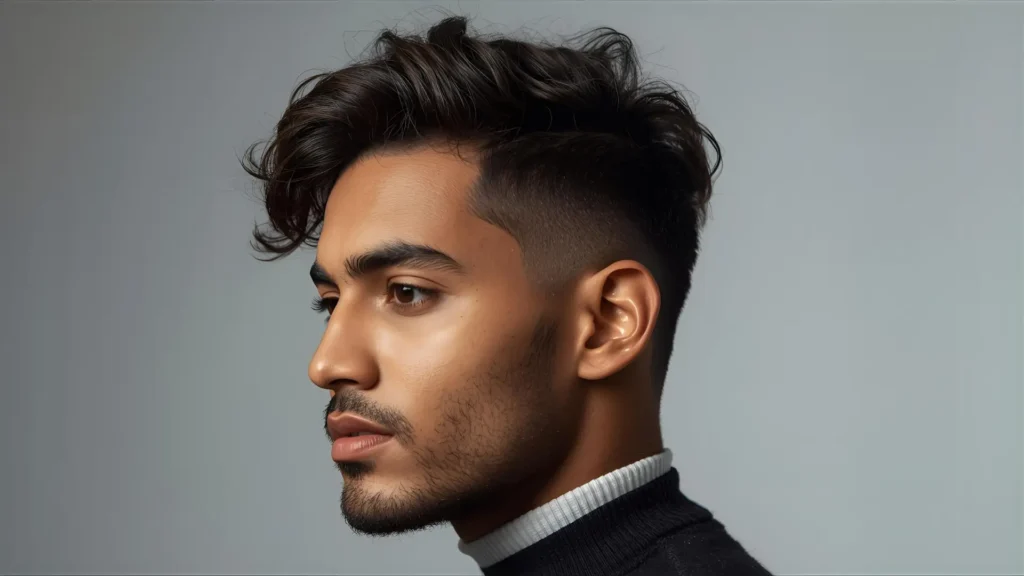 Back view of curly top hairstyle with subtle low taper fade