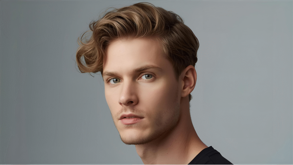 Salon-style low taper fade with carefully shaped curly top