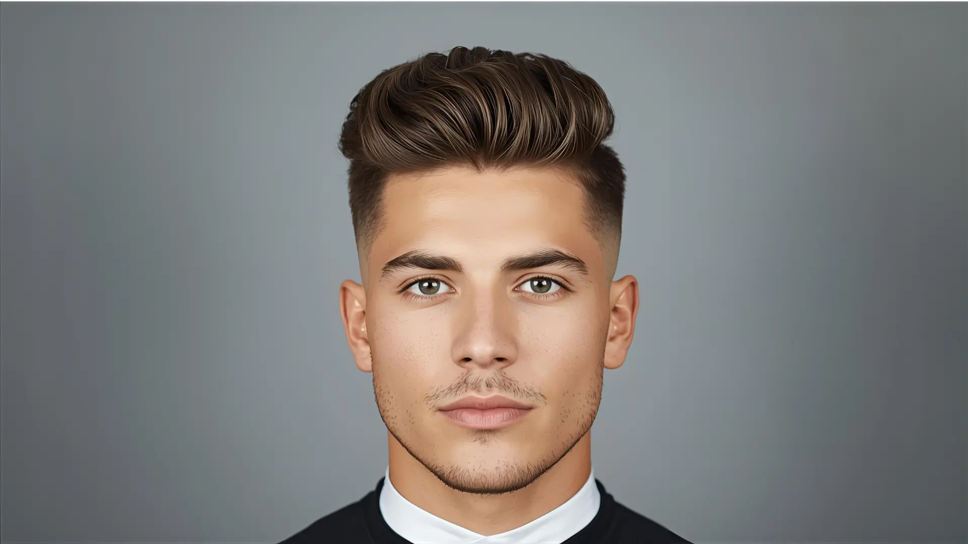 Front view of low taper fade with curly top and high volume