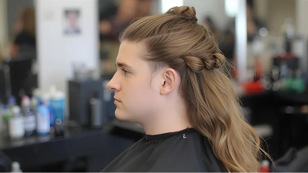 Low taper fade with long hair showing gradual side fade and flowing length on top.