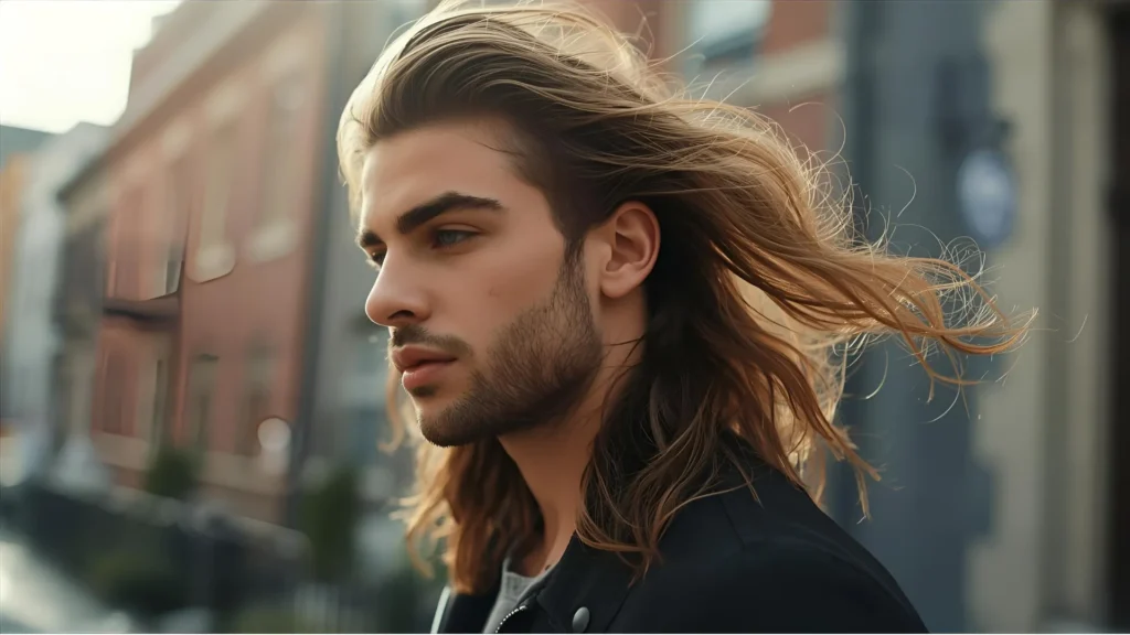 Low taper fade with long curly hair and clean faded sides.