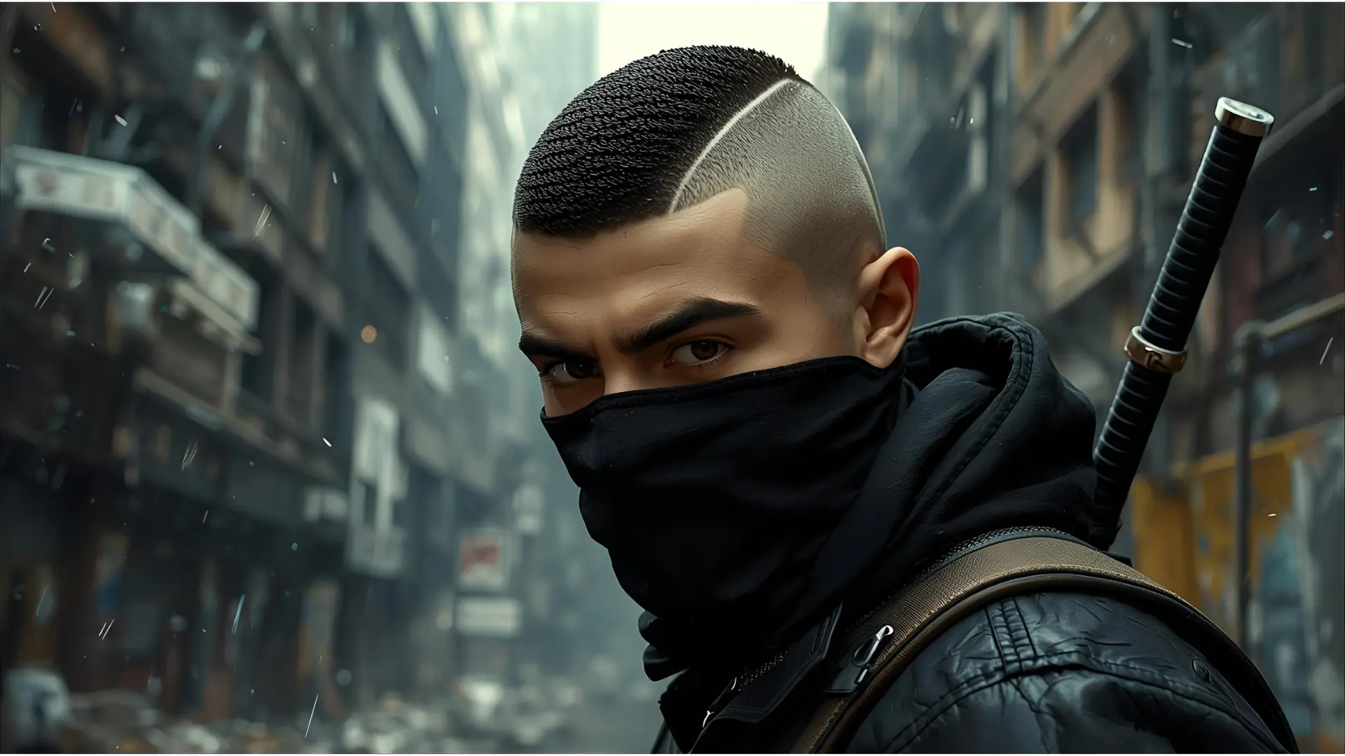 Digital illustration of a gaming-style character with a Ninja Low Taper Fade haircut in a humorous meme style.