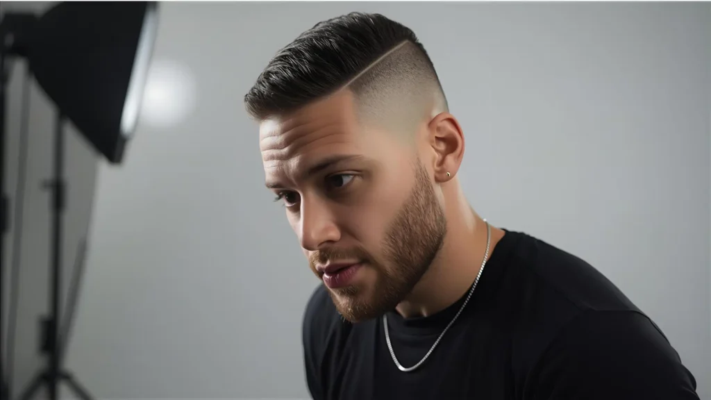 “Futuristic neon illustration of a character with a crisp low taper fade haircut, inspired by viral meme trends.